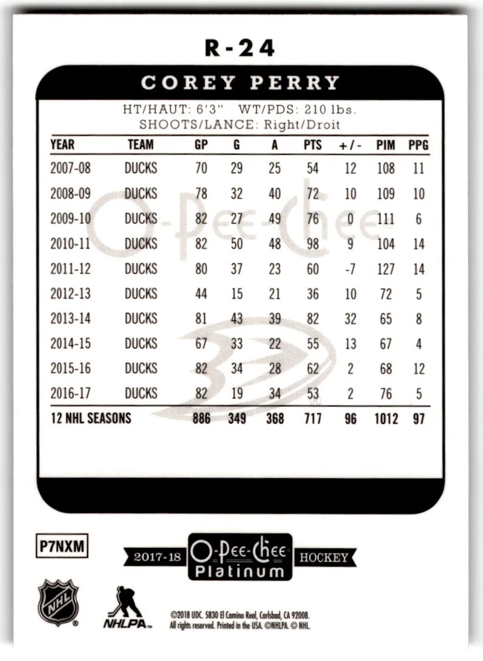 2017-18 O-Pee-Chee Platinum Corey Perry #R-24 Anaheim Ducks - Image 2 of 2