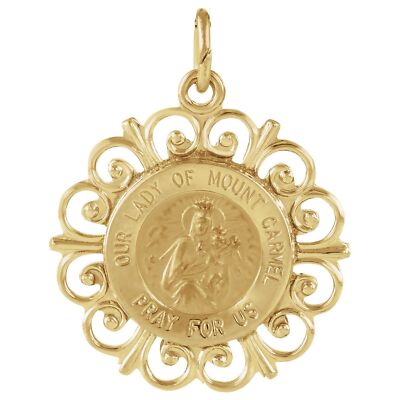 14K Yellow Gold 18 mm Our Lady of Mount Carmel Medal Pendant for Women ...