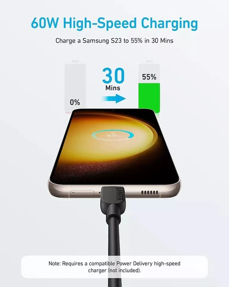 Anker 60W/3A USB C Charging Cable 10ft Heavy Duty Fast Charge Galaxy S23MacBook - Image 2 of 4