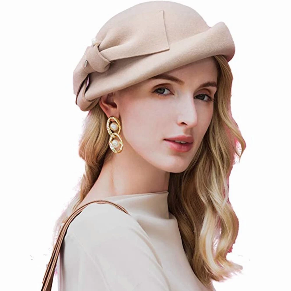 Wool Cloche Bucket Bowler Hats Women Wedding Fedoras Formal Dress Hat Camel