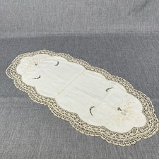 Antique Ivory Ecru Embroidered Cutwork Crochet Lace Dresser Scarf