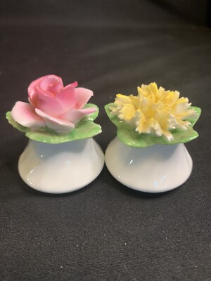 Flower Top Royal Adderley 2  Porcelain Flower Salt Pepper VTG Bone China England