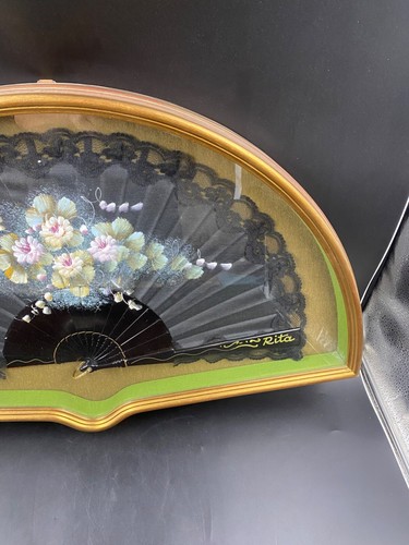 Quadro ventaglio ventaglierà nero decorato a mano firmato d'orato vintage - Foto 4 di 4
