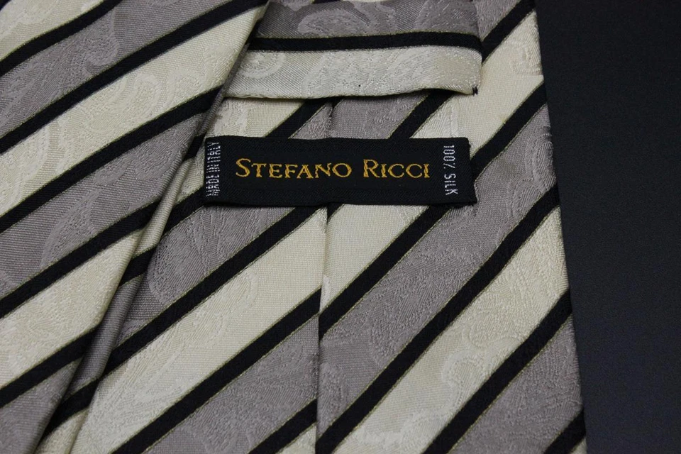 Corbata STEFANO RICCI. Marrón y amarillo con rayas negras. Hecho en Italia. Foto 4 de 4