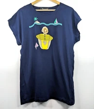 VANGO Paris Vintage 90s Women Navy Blue Long T-shirt beach print size 10 12