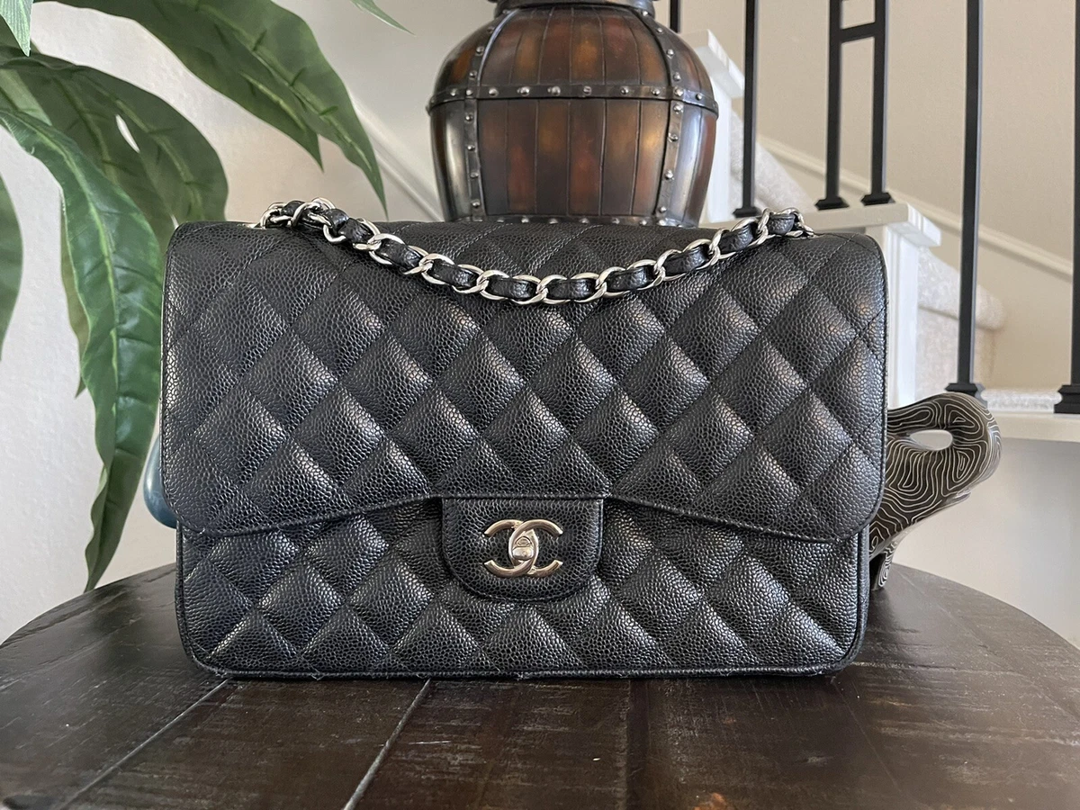 Chanel Medium Classic Double Flap Bag Black Quilted Caviar Silver Hardware