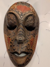 Vintage Indonesian Tribal Wooden Mask Hand Carved Painted Wall Hanging Decor 13"