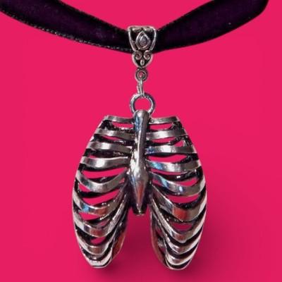 BLACK VELVET SILVERTONE RIBCAGE CHOKER skeleton bones gothic necklace A4