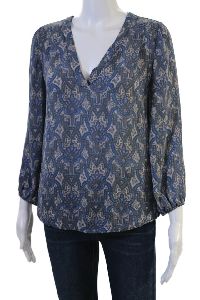 Joie Women Blue Silk Paisley Boho V-Neck Tunic Blouse 3/4 Sleeve Petite Size XS - Image 2 of 4