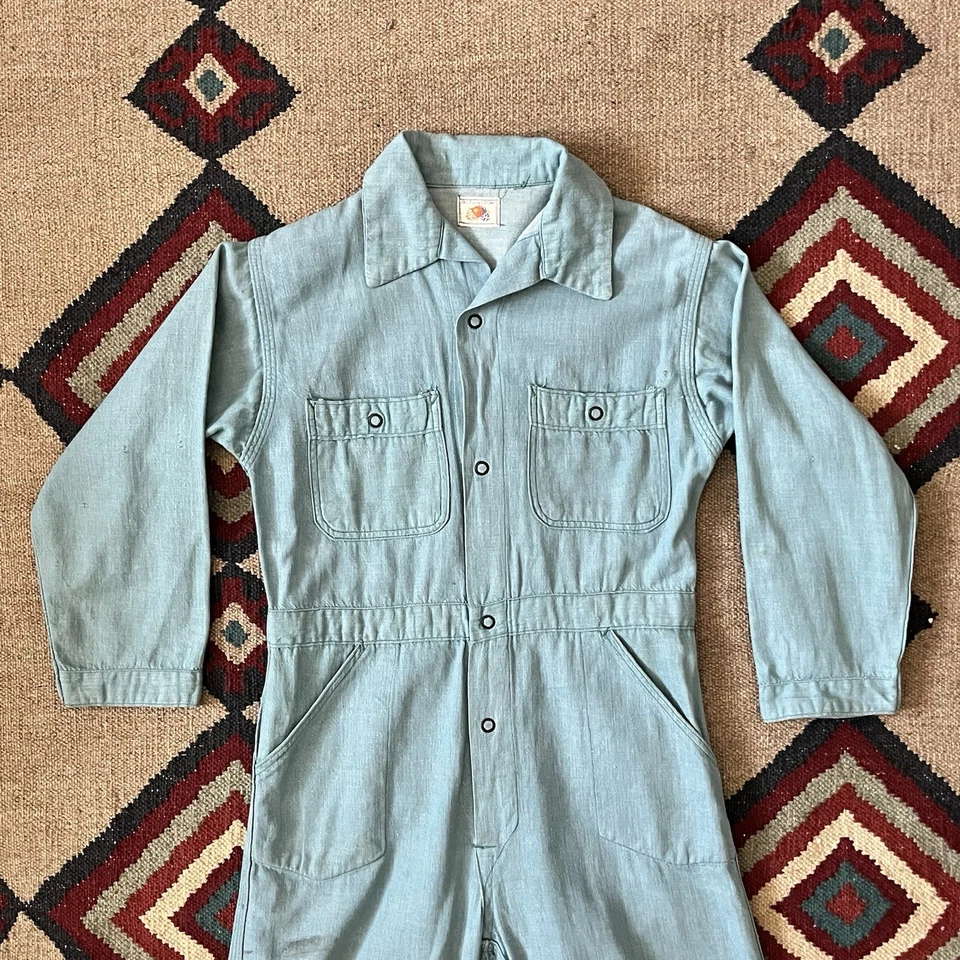 Vintage 40s Kids Denim Fruit Of Loom Playsuit Coveralls | Boys Size 12 Romper - Image 2 of 4