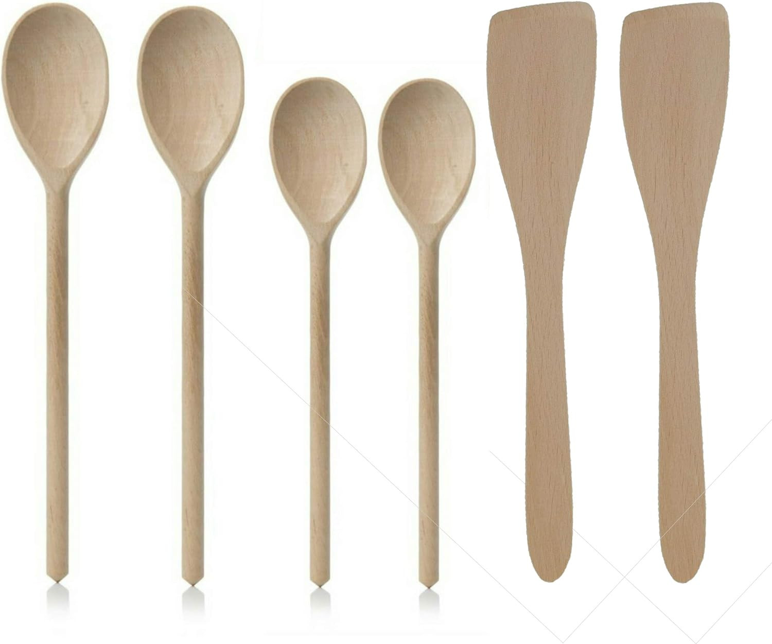 6 PC Set Wooden Spoons & SPATULAS 2 X 12 & 2 X 10 Spoons & 2 X 12 SPATULAS