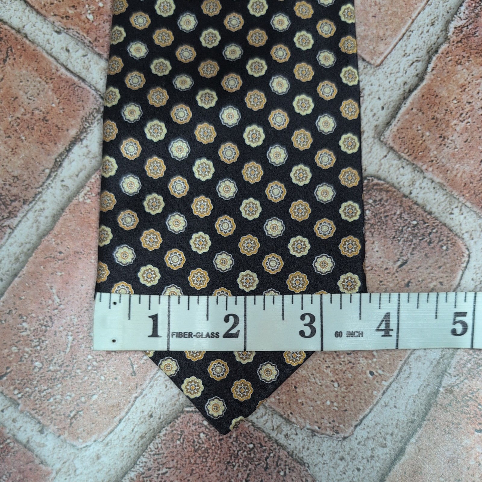 BRIONI Italian Silk Tie Golden Medallion On Black Printed 3 5/8" X 59 1/2"