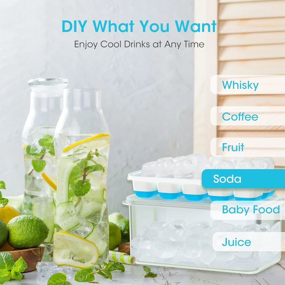 Bandeja para cubitos de hielo, con tapa y contenedor, silicona, bandejas de plástico, para congelador, caja/contenedor Foto 3 de 4