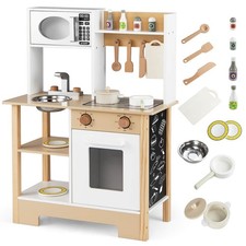Play Kitchen w/Chalkboard Microwave Stove Dish Rack Faucet Sink Accessories