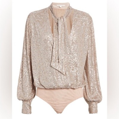 JONATHAN SIMKHAI Sequin Embellished Tie-Neck Bodysuit Size S
