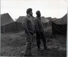 WW2 Photo Of 2 US Soldiers Standing At Tent Camp In Field Jackets