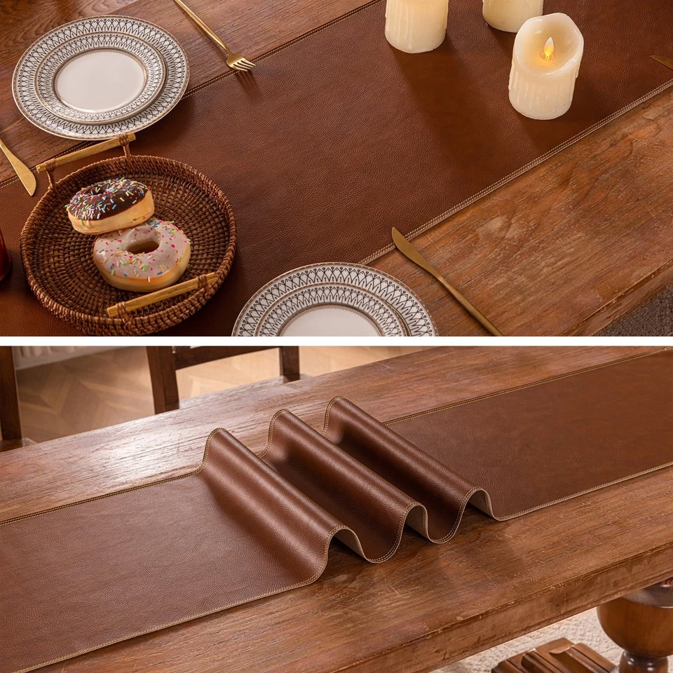 PU Leather Table Runner 90×13 Inches Long,Brown Vintage Waterproof Coffee/Tea... - Image 2 of 4