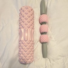 Pink Gray Massage Grid Foam Roller & Massage Stick Set for Yoga Gym Full Body
