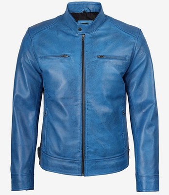 Men s Blue Cafe Racer Leather Jacket Genuine Lambskin Slim Fit Biker Motorcycle