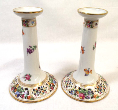 Vintage Schumann Empress Dresden Flowers Chateau Bavaria Candlestick Pair Gold