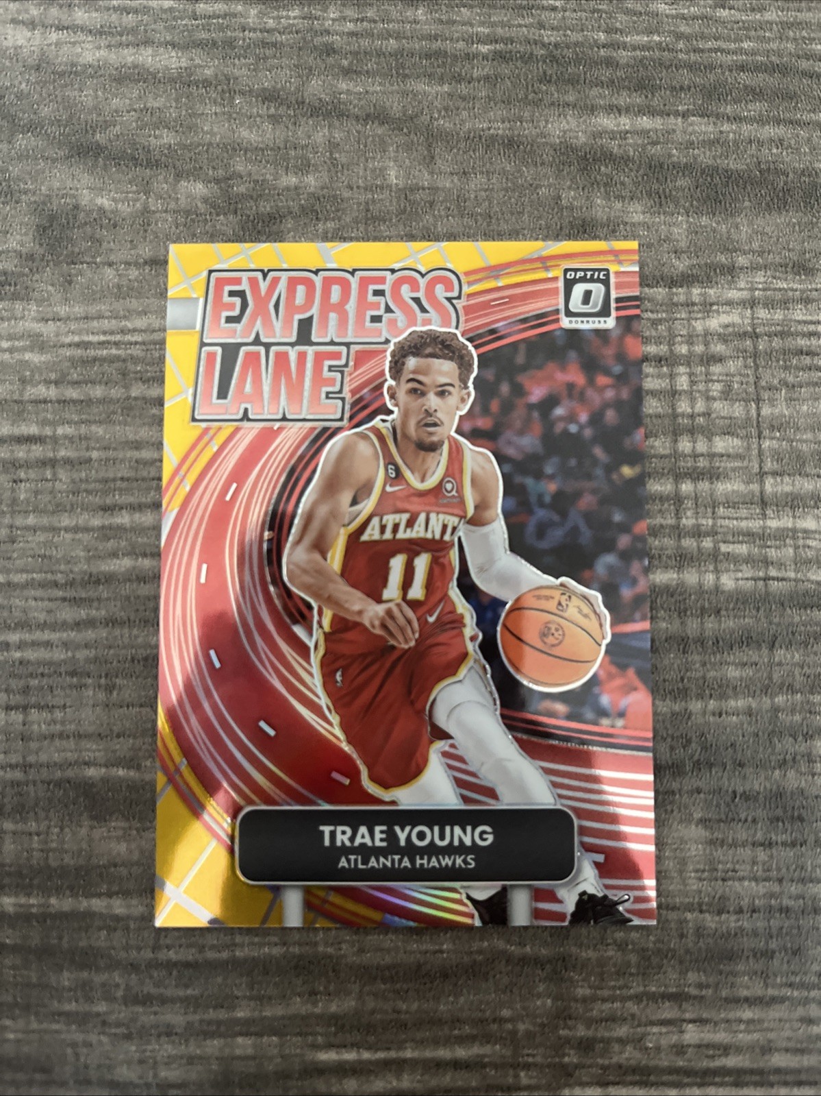 Trae Young 2022-23 Optic Express Lane Insert Gold Prizm 07/10