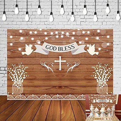 God Bless Baptism Backdrop Rustic Wooden Board Wall Sparkle 5x3 feets, White 