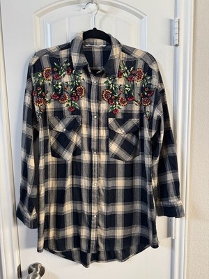 Zara Basic Z1975 Denim Plaid Embellished Beaded Floral Flannel Shirt