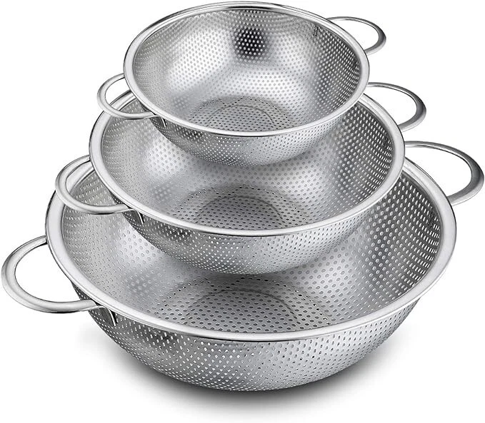 Juego de 3 coladores coladores microperforados de acero inoxidable para escurrir