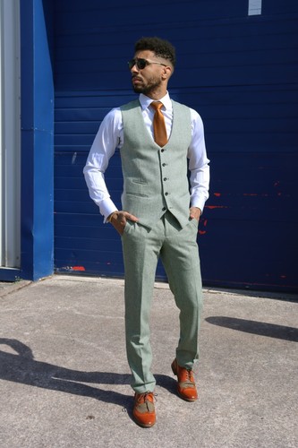 Traje de tres piezas de tweed verde salvia para hombre para bodas de verano graduaciones y carreras - Imagen 10 de 11
