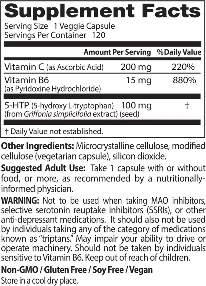 Doctor's Best 5-HTP mejorado con vitaminas B6 y C, no transgénico, 120 cápsulas vegetales Foto 3 de 3