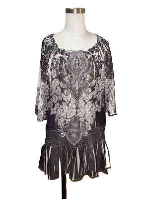 Unity World Blouse Womens Tribal Print 3/4 Sleeve Size XL Gray Black Ruffle
