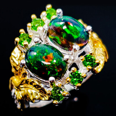 Gift Jewelry One of a kind  Natural Black Opal Silver Ring 925 Sterling / RVS349
