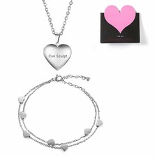 Stainless Steel Women Girls Heart Pendant Necklace Bracelet Jewelry Set Gift