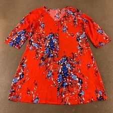 Wome's Size Medium Red Floral Print Short Sleeve V Neck Button Front Dress New