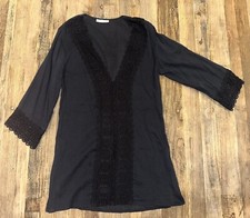 La Blanca Cover Up Island Fare Tunic V Neck Crochet Black Womens
