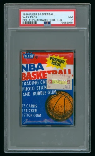1986-87 FLEER BASKETBALL WAX PACK GRADED PSA 7 BOL TOP JABBAR STICKER BOTTOM