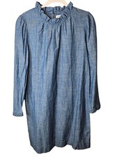 J. Crew Woman Size 4 Blue Cotton Shift Dress Ruffled Cottar & Sleeves Preppy