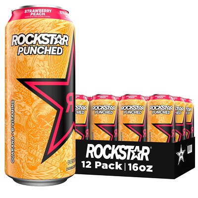 Rockstar Punched, Strawberry Peach, 16 oz, 12 count 240mg of Caffeine + Guarana