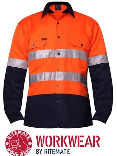 RITEMATE - OPEN FRONT LONG SLEEVE 2-TONE MENS WORK SHIRT + 3M TAPE -RM1050R - Picture 10 of 14