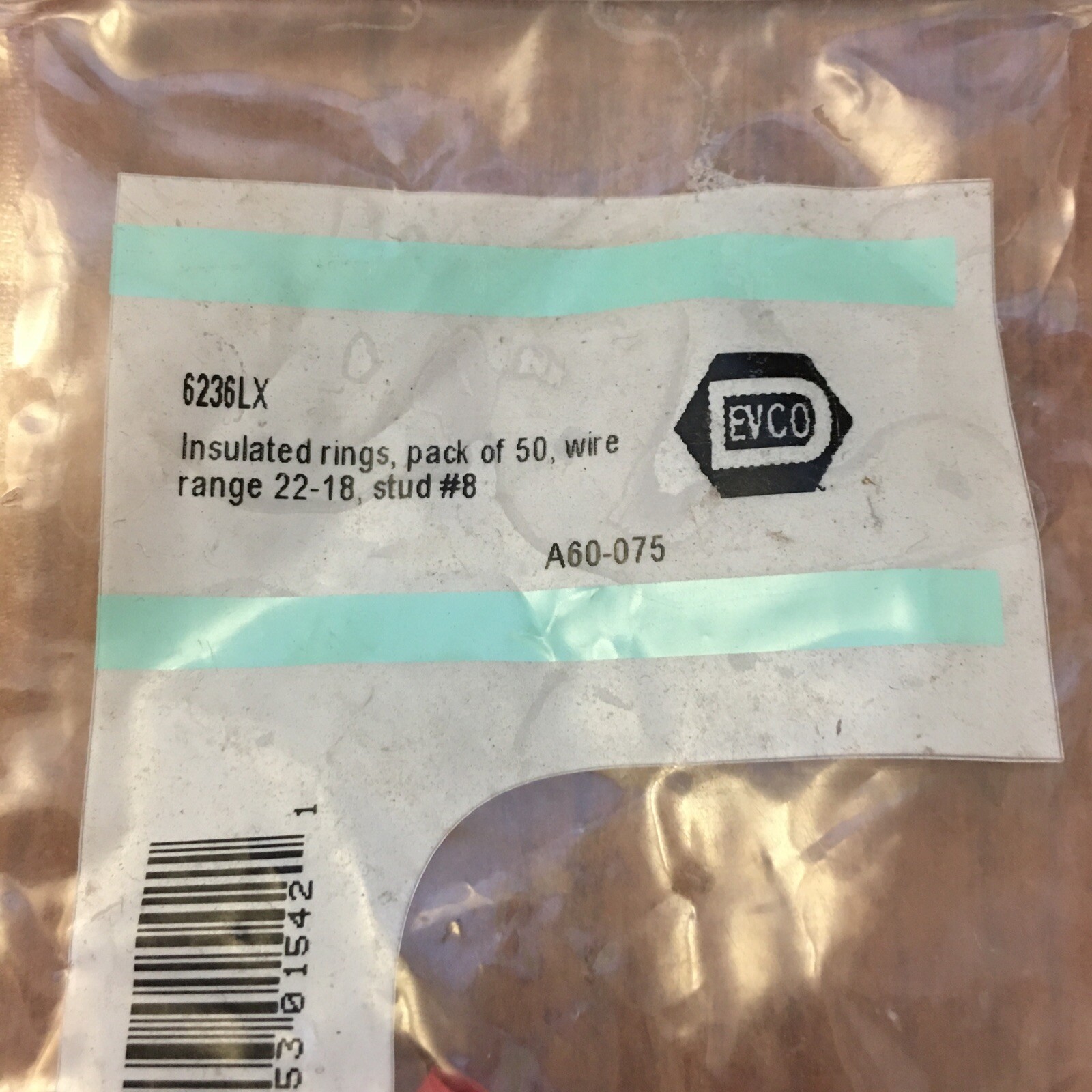 DEVCO INSULATED RING TERMINAL 50/PK 22-18 GA. #8 STUD 6236LX