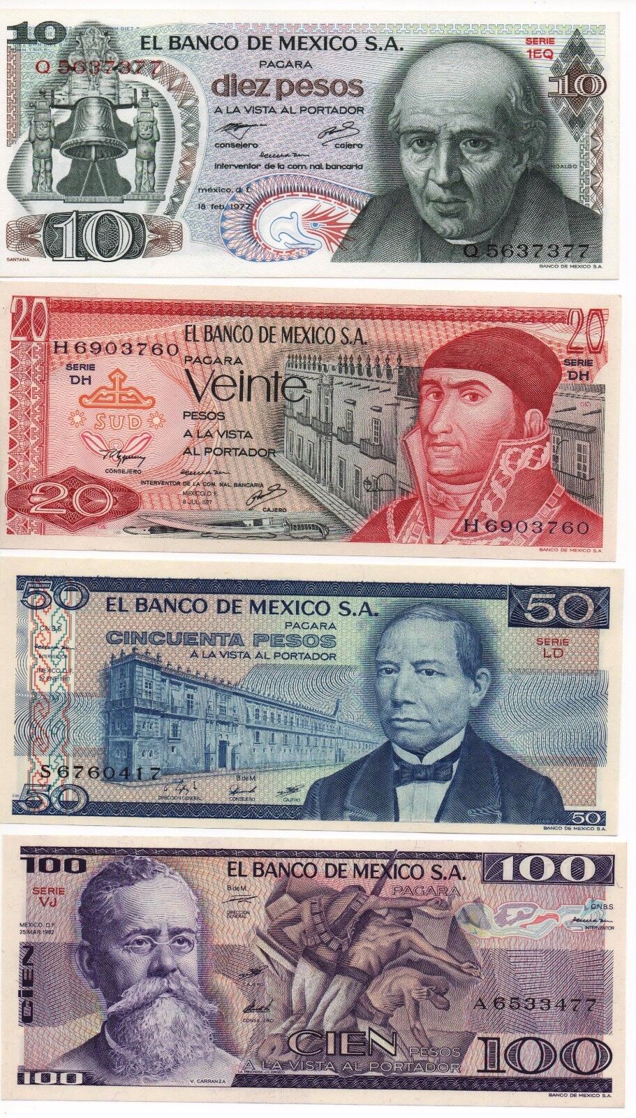 UNCIRCULATED MEXICO SET OF 4 BANKNOTES LOT 70'S 80'S 10 20 50 100 pesos UNC