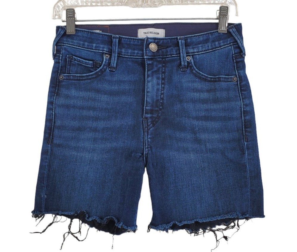 True Religion Jean Shorts Ws 28 (27) Mid Rise Dark Blue Halle Cut-Off Raw Hem 5”