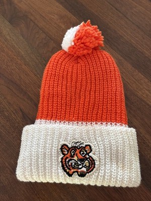 Vintage 70s Esso Oil Gas Tiger Knit Beanie Winter Hat Orange Pom Pom Exxon Mobil
