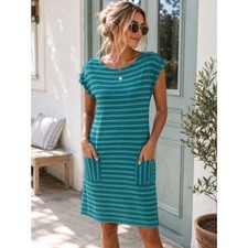 Green Striped Talbot's T-shirt Dress M Minimalist Striped Preppy Nautical Summer