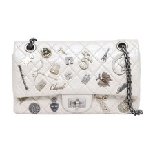 Auth Chanel 2.55 Lucky Charms Medium Flap Bag White Quilted Calfskin Limited