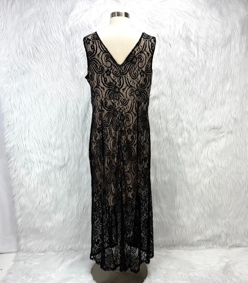 Vestido maxi En Focus Y2K preto sobreposição de renda 14W noite coquetel pergaminho vamp gótico - Imagem 4 de 4