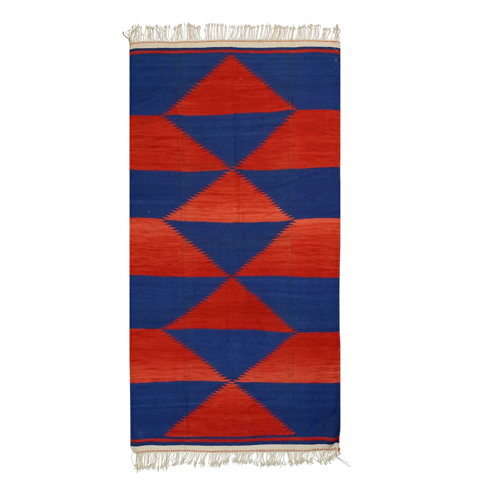 Geometric Hand Knotted Cotton Dhurrie Kilim Rug Color Blue, Red Carpet Rug