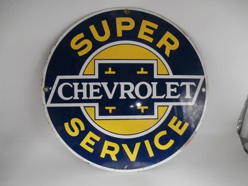 Vintage Chevrolet Super Service Rustic Porcelain Enameled Metal Sign 11-1/4"