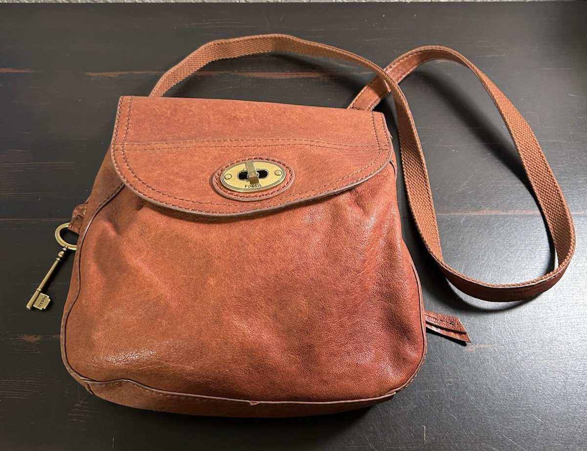 Vintage Fossil Crossbody Cognac Soft Leather Bag Purse Boho Key Retro