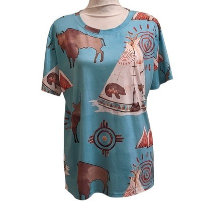 SouthwestTee Native Tribal Women Blue Buffalo Tepee XL